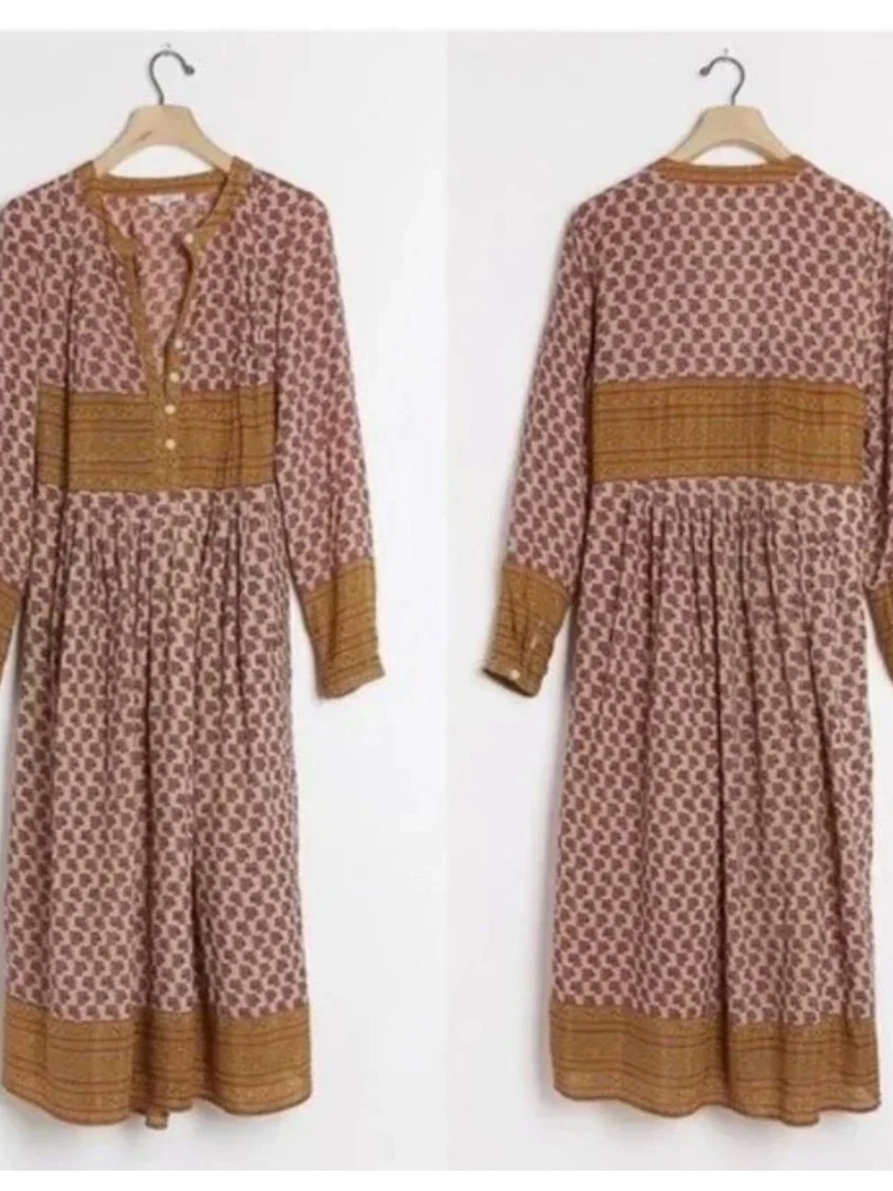 Anthropologie Printed Pink Midi Dress with Mustard Trim